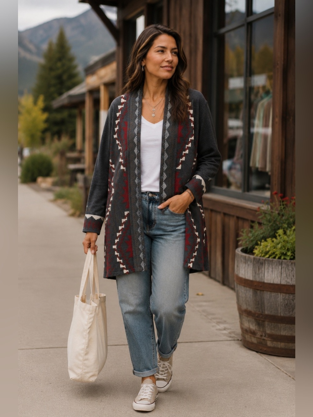 Johnny Was Embroidered Southwestern Long Open Cardigan Gray Red S Small